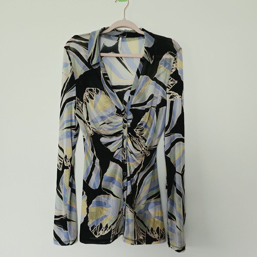 Free People Size XL Floral Print Lucky Shirtee Mesh Ruched Button Tunic Top